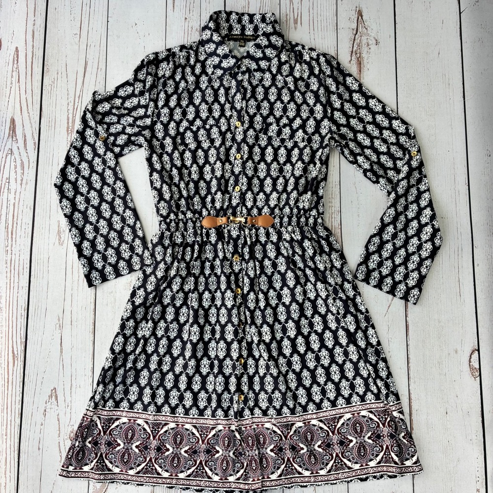Always Indigo Navy White Medallion Print Belted Shirt Dress Long Sleeve PS
